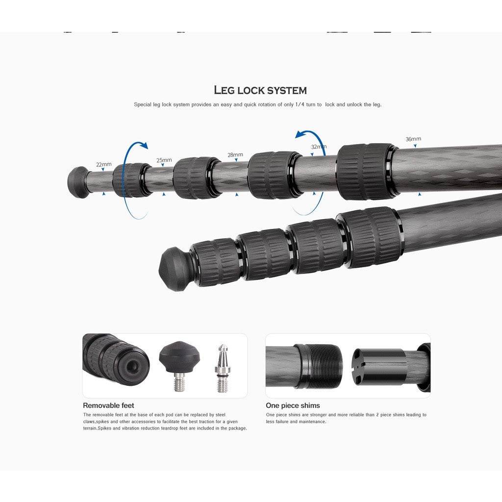 Leofoto LS-365C / LS-365C + PG 1 Gimbal Head Ranger Series Compact Carbon Fiber Tripod BLACK