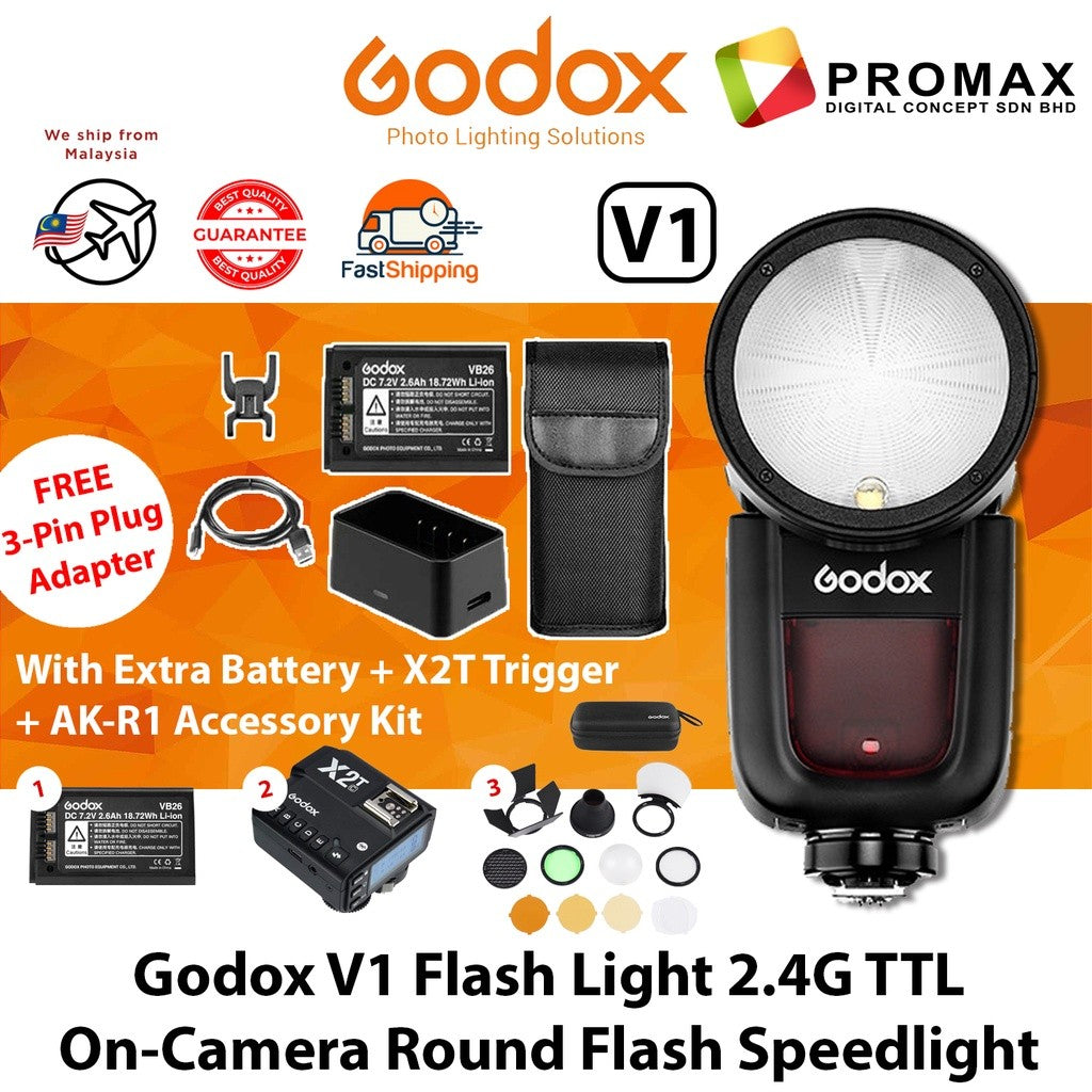 Godox V1 V1F Speedlight Round Flash TTL Battery + AK-R1 VB26 X2T Trigger Accessory Kit - V1 F