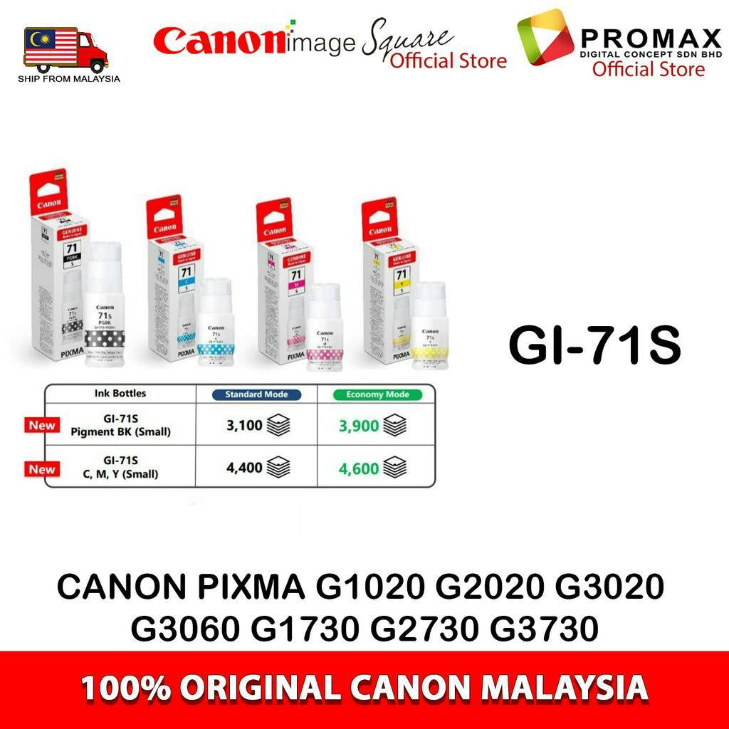 CANON GI-71 GI-71S INK BLACK/CYAN/MAGENTA/YELLOW G3020/G3060/G1020/G2020/G1730/G2730/G3730
