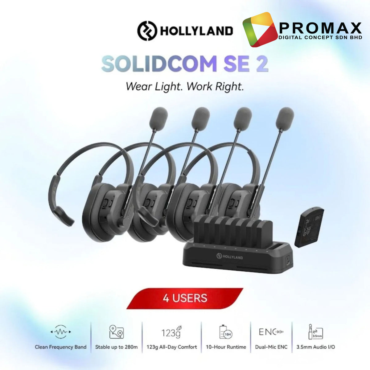 Hollyland Solidcom SE 2 1.9Ghz Full-Duplex Wireless Intercom Headset System with Dual-Mic ENC 2s 4s 6s 8s
