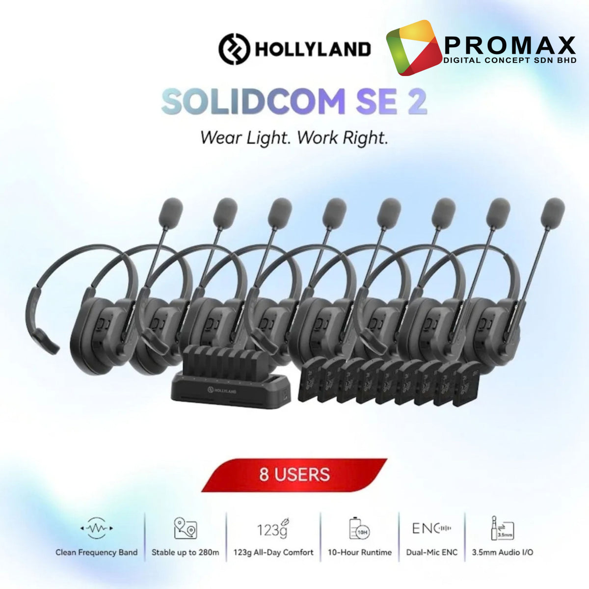 Hollyland Solidcom SE 2 1.9Ghz Full-Duplex Wireless Intercom Headset System with Dual-Mic ENC 2s 4s 6s 8s