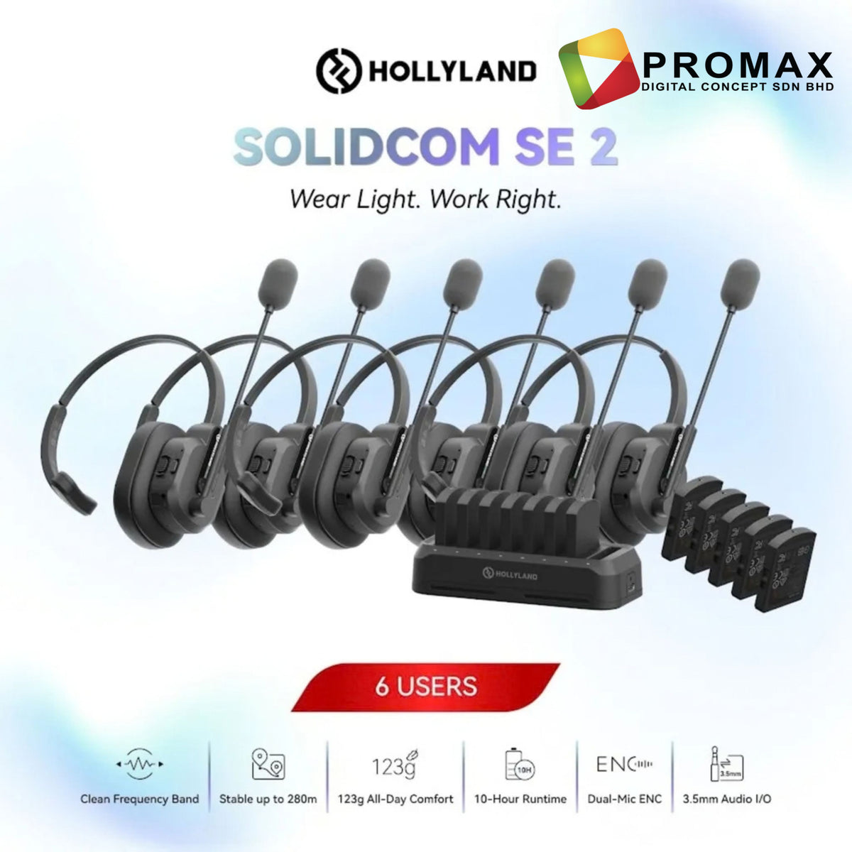 Hollyland Solidcom SE 2 1.9Ghz Full-Duplex Wireless Intercom Headset System with Dual-Mic ENC 2s 4s 6s 8s