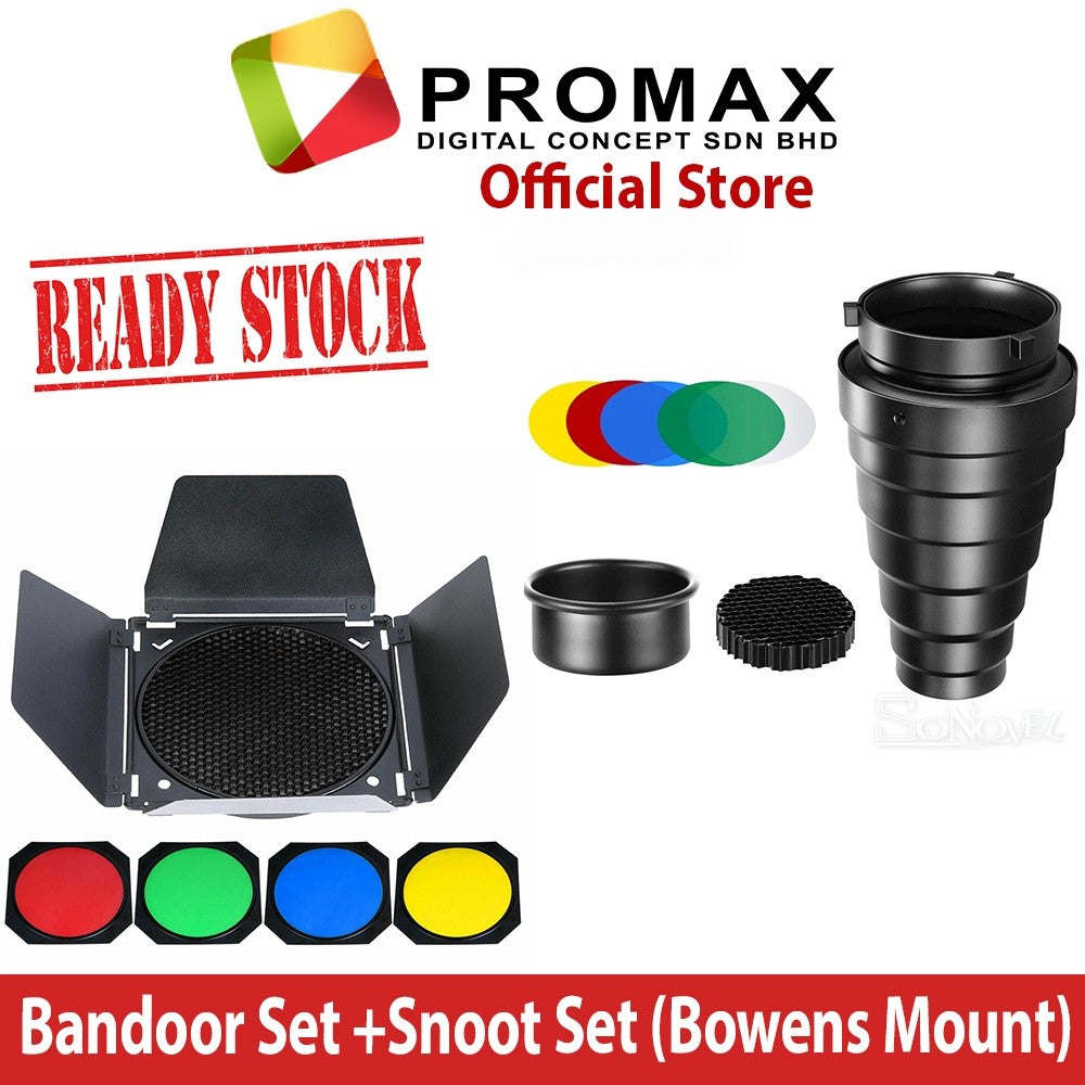 Ready Stock!! bandoor Godox Barndoor snoot snoot set + 4 Colour gel + Honeycomb Kit Set + Reflector Bowens