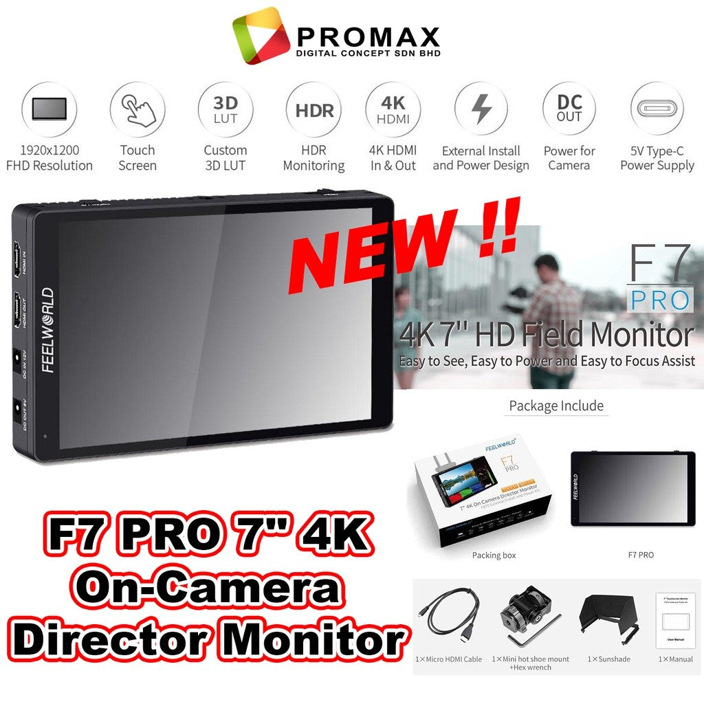 NEW! Feelworld F7 PRO 7 Inch 3D LUT Touch Screen 4K 60Hz DSLR Camera Monitor 1920x1200 IPS Panel F970 External Power Kit