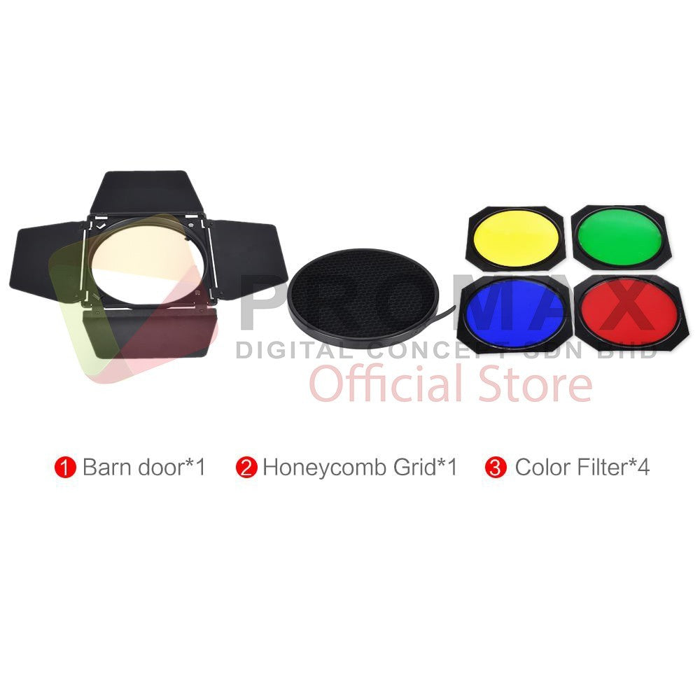 Ready Stock!! bandoor Godox Barndoor snoot snoot set + 4 Colour gel + Honeycomb Kit Set + Reflector Bowens