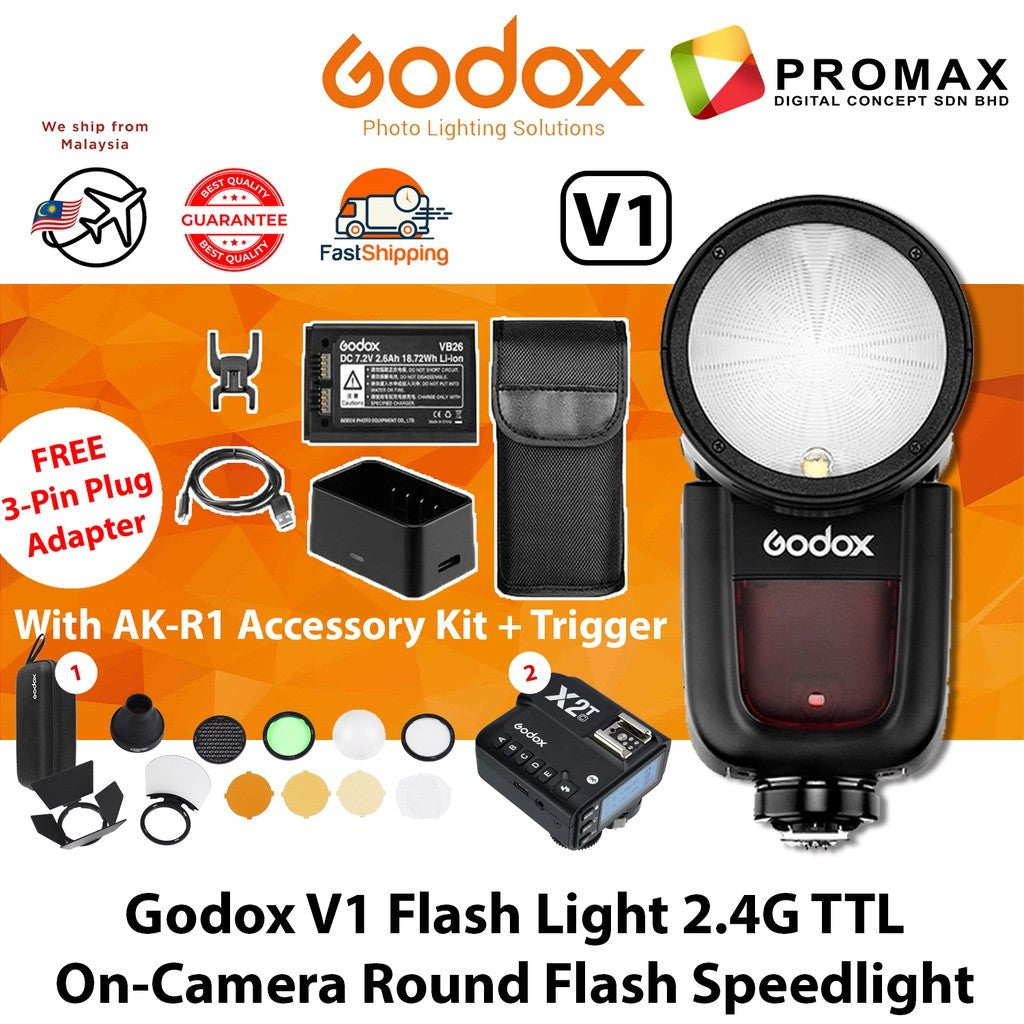 Godox V1 V1C CANON Flash Speedlight Round TTL Li-ion Battery AK-R1 VB26 X2T Trigger Accessory Kit
