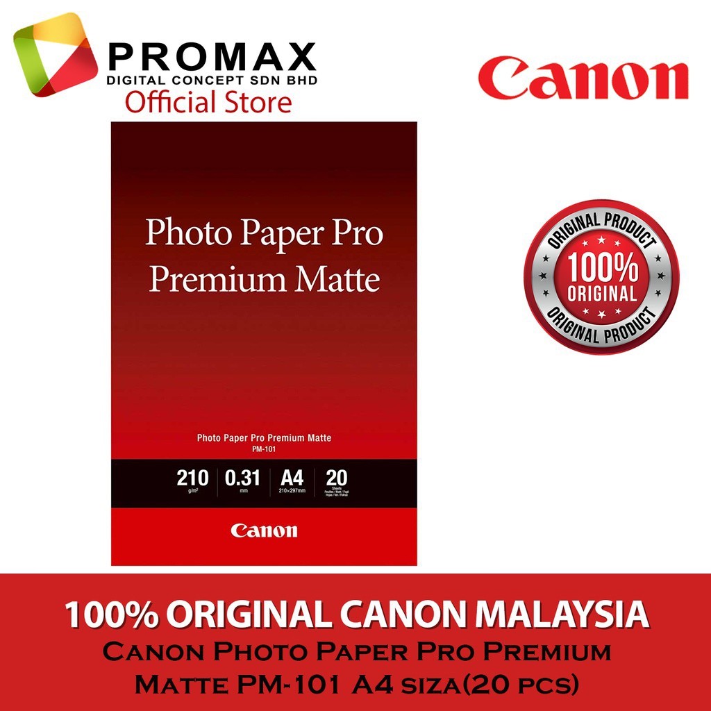 Ready Stock! Canon 210gm Photo Paper Pro Premium Matte Paper PM-101 A4 (20 sheets)