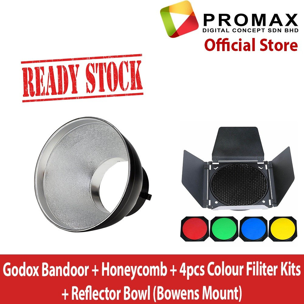 Ready Stock!! bandoor Godox Barndoor snoot snoot set + 4 Colour gel + Honeycomb Kit Set + Reflector Bowens