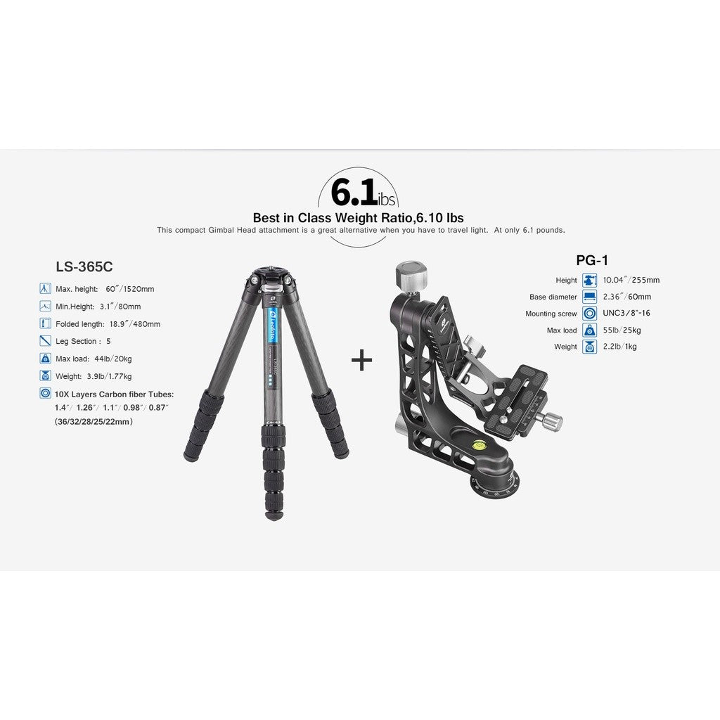 Leofoto LS-365C / LS-365C + PG 1 Gimbal Head Ranger Series Compact Carbon Fiber Tripod BLACK