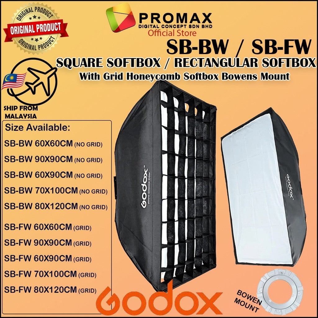 Godox SB-FW SB-BW 60x60cm 80x120cm 70X100CM With Grid Honeycomb Softbox Bowens Mount