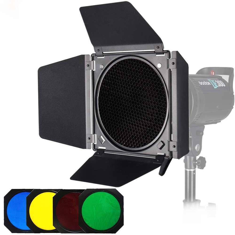 Ready Stock!! bandoor Godox Barndoor snoot snoot set + 4 Colour gel + Honeycomb Kit Set + Reflector Bowens