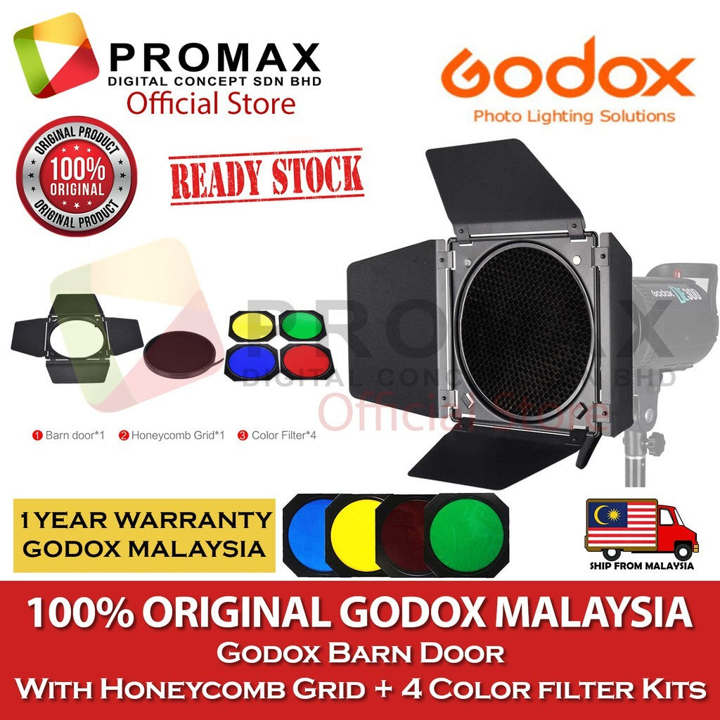 Ready Stock!! bandoor Godox Barndoor snoot snoot set + 4 Colour gel + Honeycomb Kit Set + Reflector Bowens