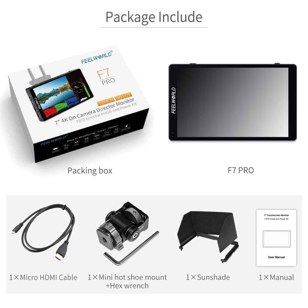 NEW! Feelworld F7 PRO 7 Inch 3D LUT Touch Screen 4K 60Hz DSLR Camera Monitor 1920x1200 IPS Panel F970 External Power Kit