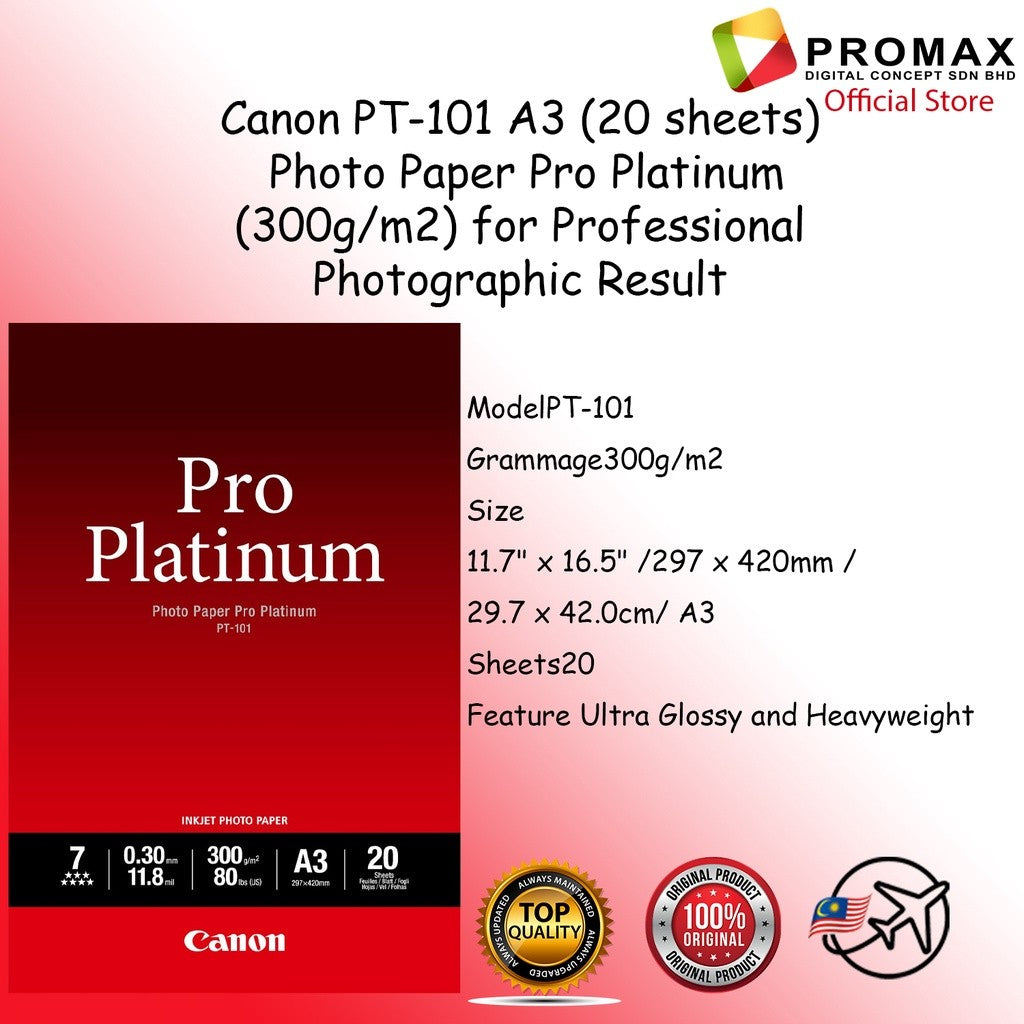 Canon A3 Photo Paper 20 shts LU-101 PT-101 PM-101 Plus Glossy II / Pro Luster / Pro Premium Matte