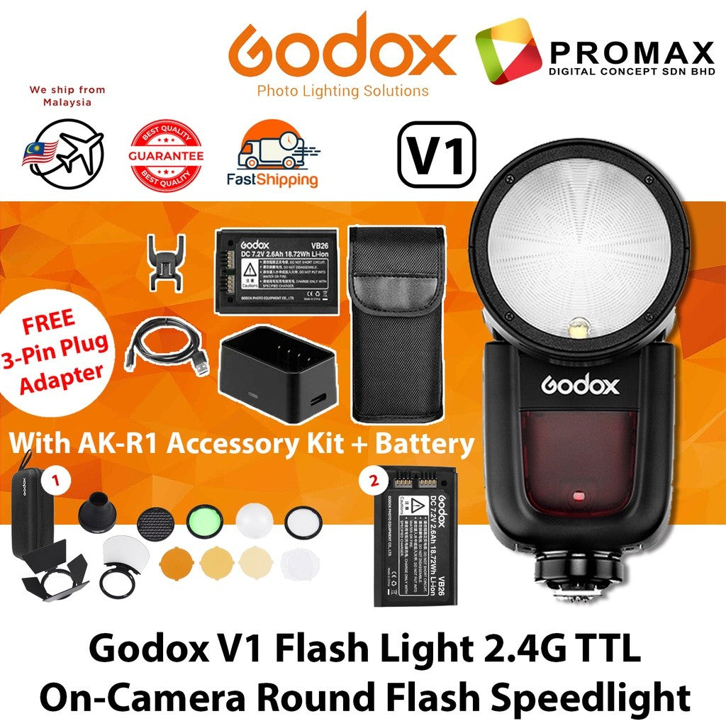 Godox V1 V1F Speedlight Round Flash TTL Battery + AK-R1 VB26 X2T Trigger Accessory Kit - V1 F