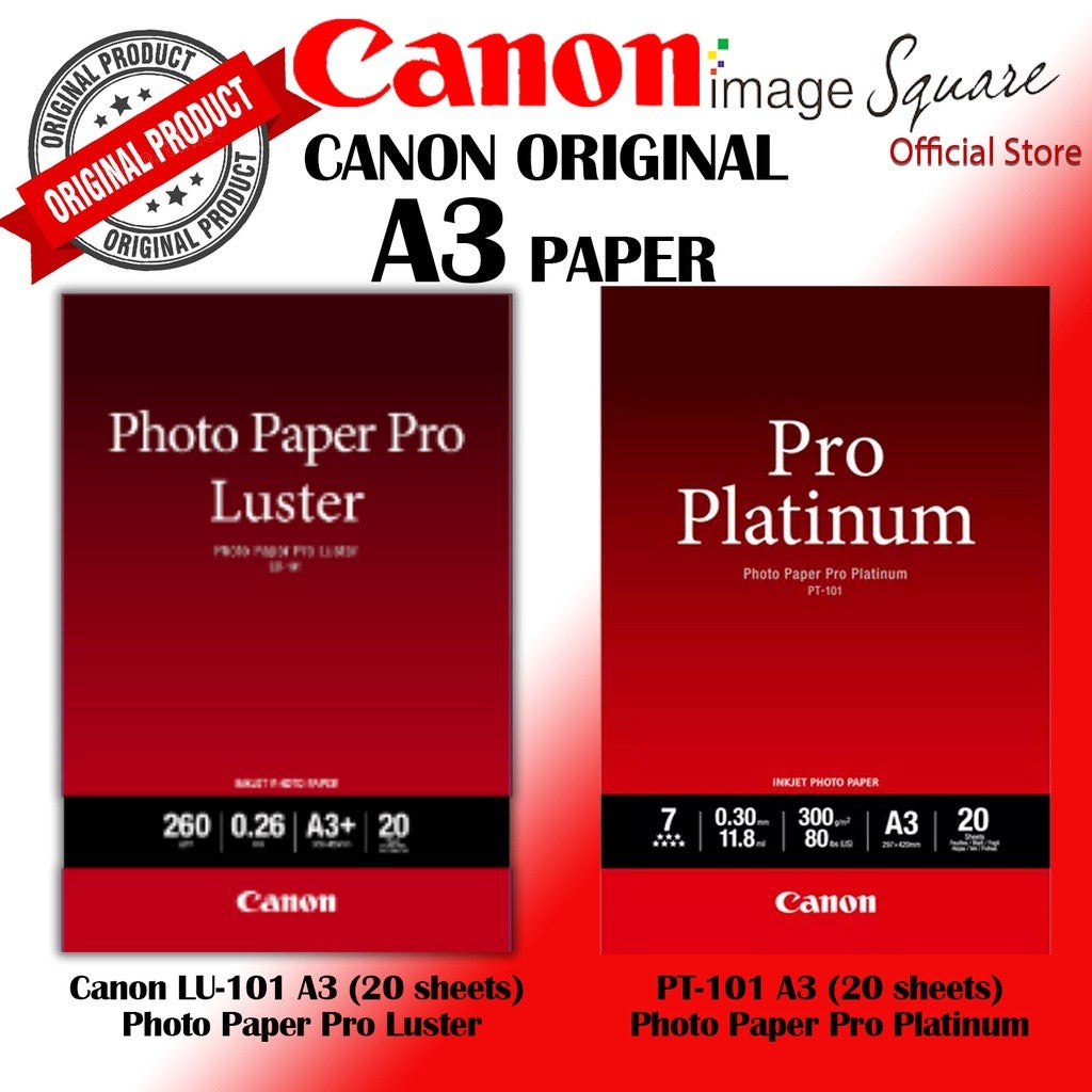 Canon A3 Photo Paper 20 shts LU-101 PT-101 PM-101 Plus Glossy II / Pro Luster / Pro Premium Matte