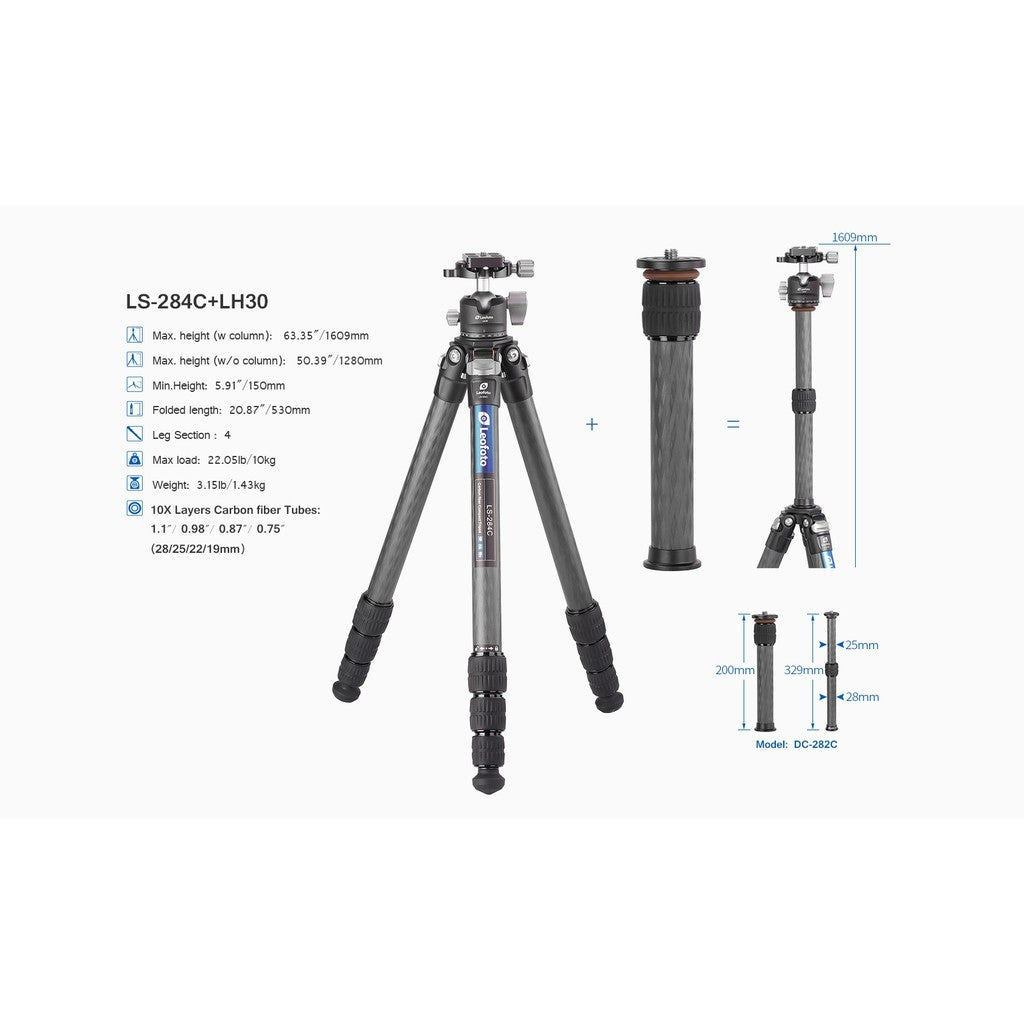 Leofoto LS-284C + LH-30 Ranger Series Carbon Fiber Tripod with LH-30 Ball Head Kit LS284C