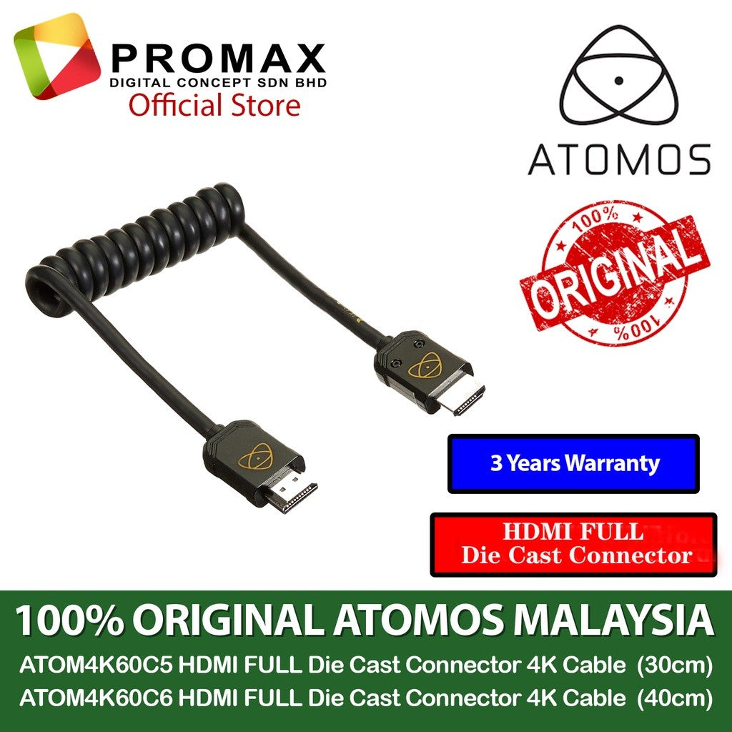 Ready Stock!! ATOMOS 4K HDMI FULL 30cm / 40cm 4K 60fps PRO Coiled Die Cast Connector Cable