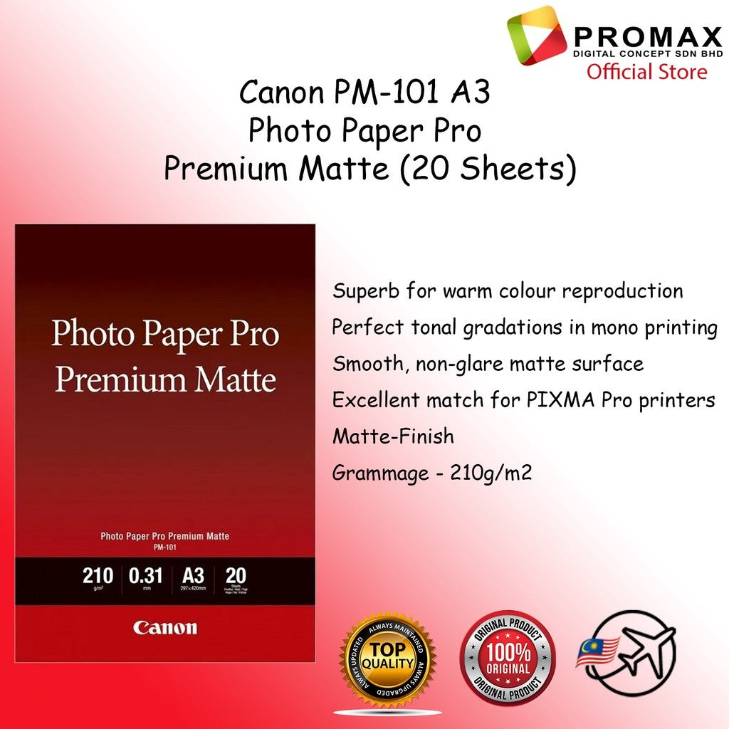 Canon A3 Photo Paper 20 shts LU-101 PT-101 PM-101 Plus Glossy II / Pro Luster / Pro Premium Matte