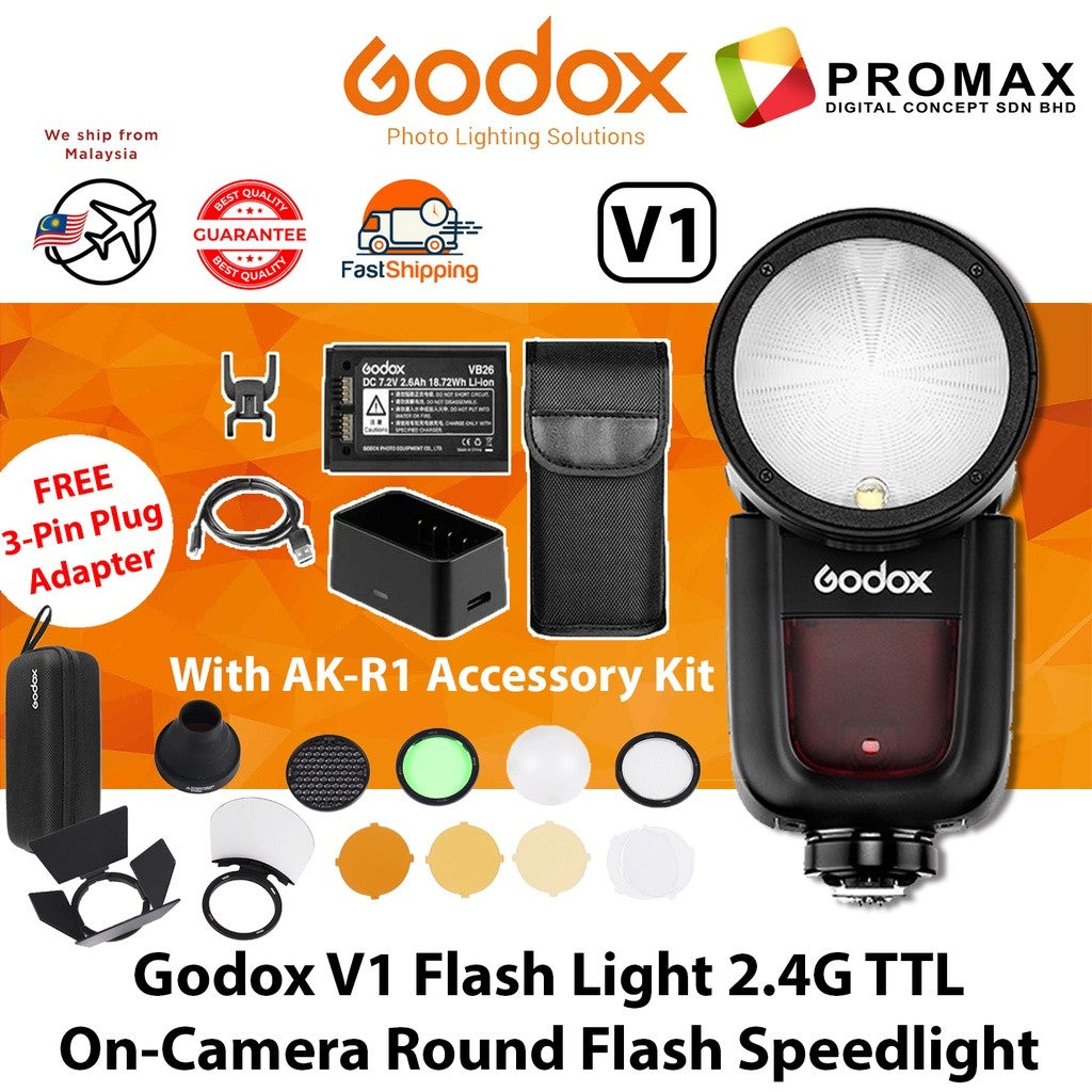 Godox V1 V1C CANON Flash Speedlight Round TTL Li-ion Battery AK-R1 VB26 X2T Trigger Accessory Kit