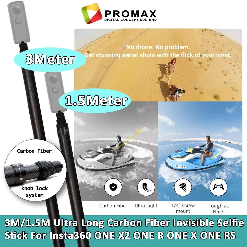 TELESIN 3M / 1.5M Ultra Long Light Carbon Fiber Invisible Selfie Stick Pole For Insta360 ONE X2 X3 R GoPro Action Camera