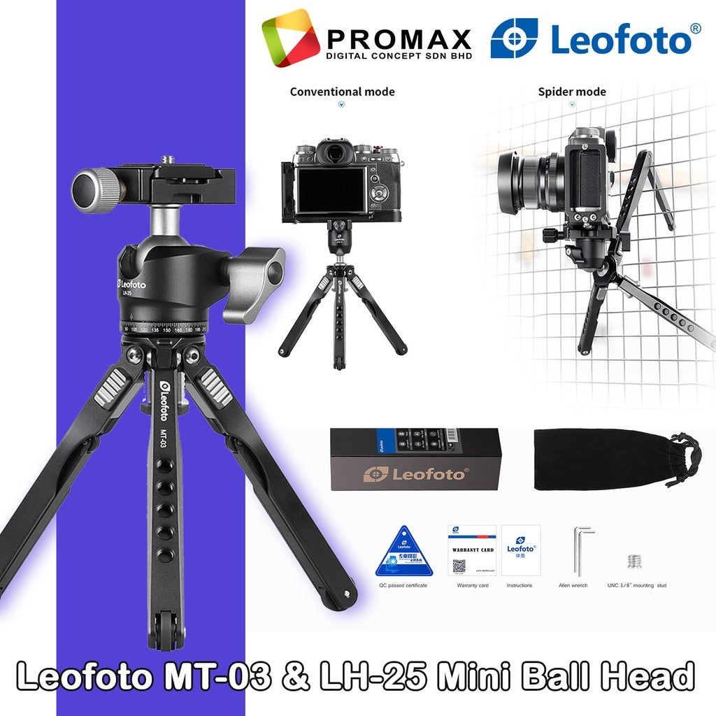 Leofoto MT-03 Spider Table top Tripod & LH-25 Mini Ball Head
