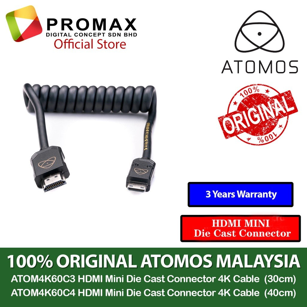 Ready Stock!! ATOMOS 4K HDMI Mini 30cm / 40cm 4K 60fps PRO Coiled Die Cast Connector Cable