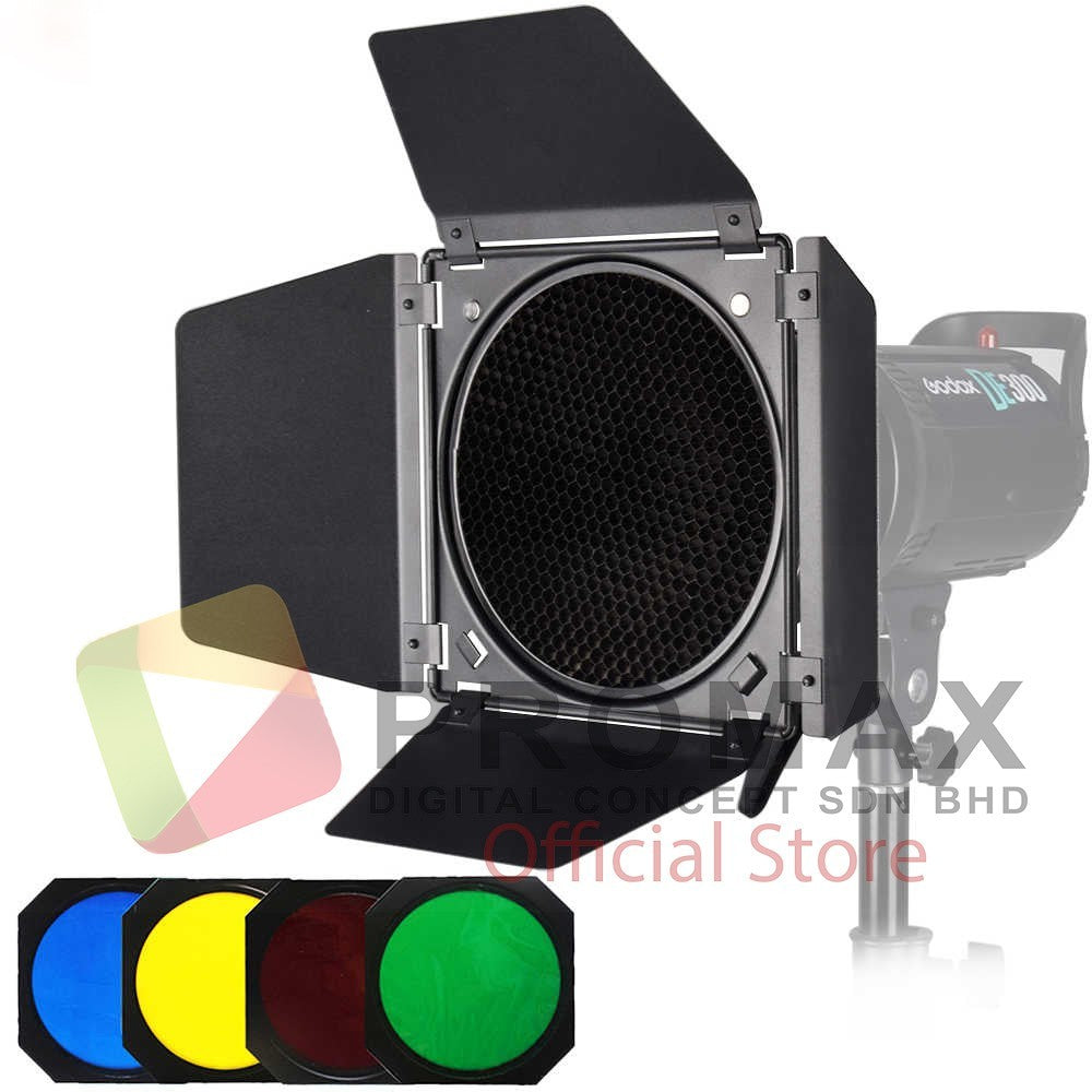 Ready Stock!! bandoor Godox Barndoor snoot snoot set + 4 Colour gel + Honeycomb Kit Set + Reflector Bowens