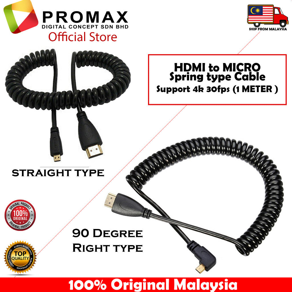 HDMI to HDMI / Mini HDMI /Micro HDMI to HDMI 90 Degree Angled Adapter Spring Cable 4k 30fps / 4K 60fps (1 METER )