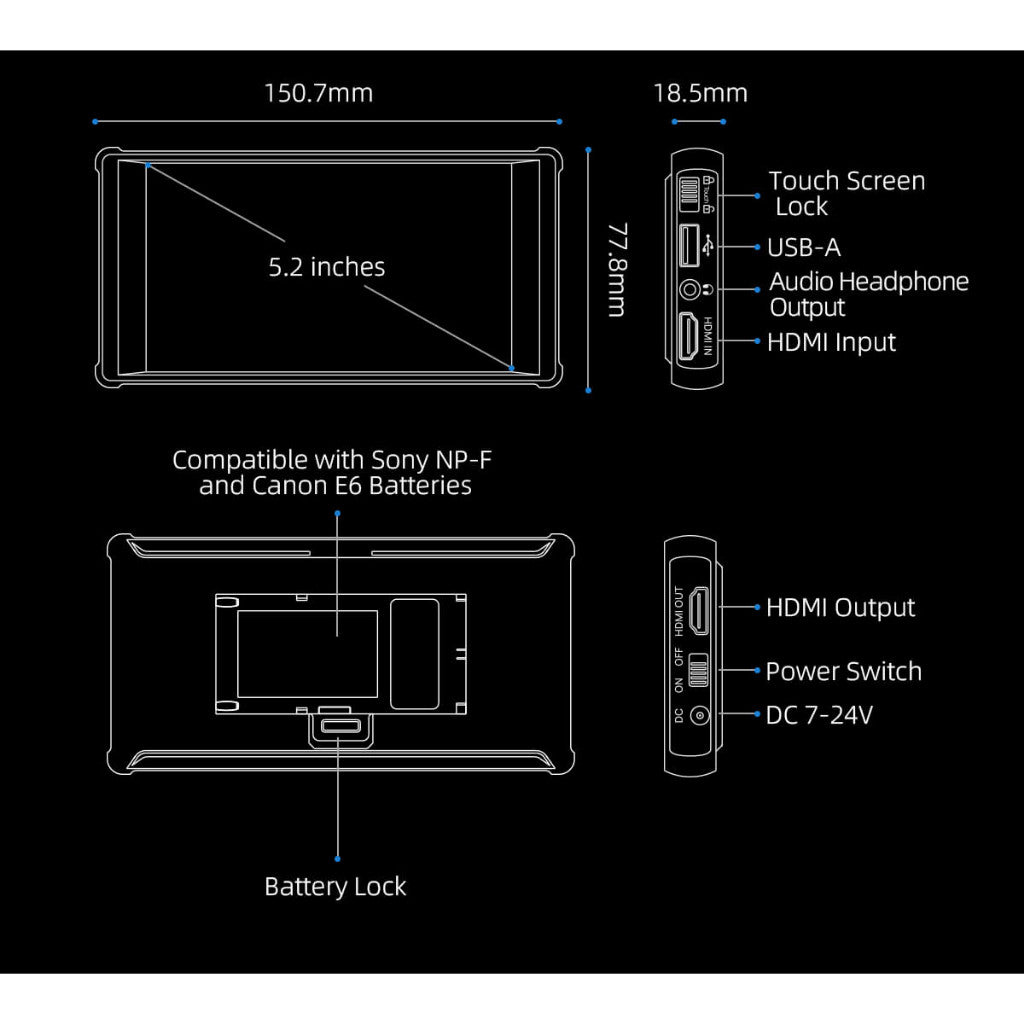 Portkeys PT6 Monitor 5.2" inch 3D LUT IPS 4K 30P Input 1080P 60P Output Monitors For Live Streaming Field