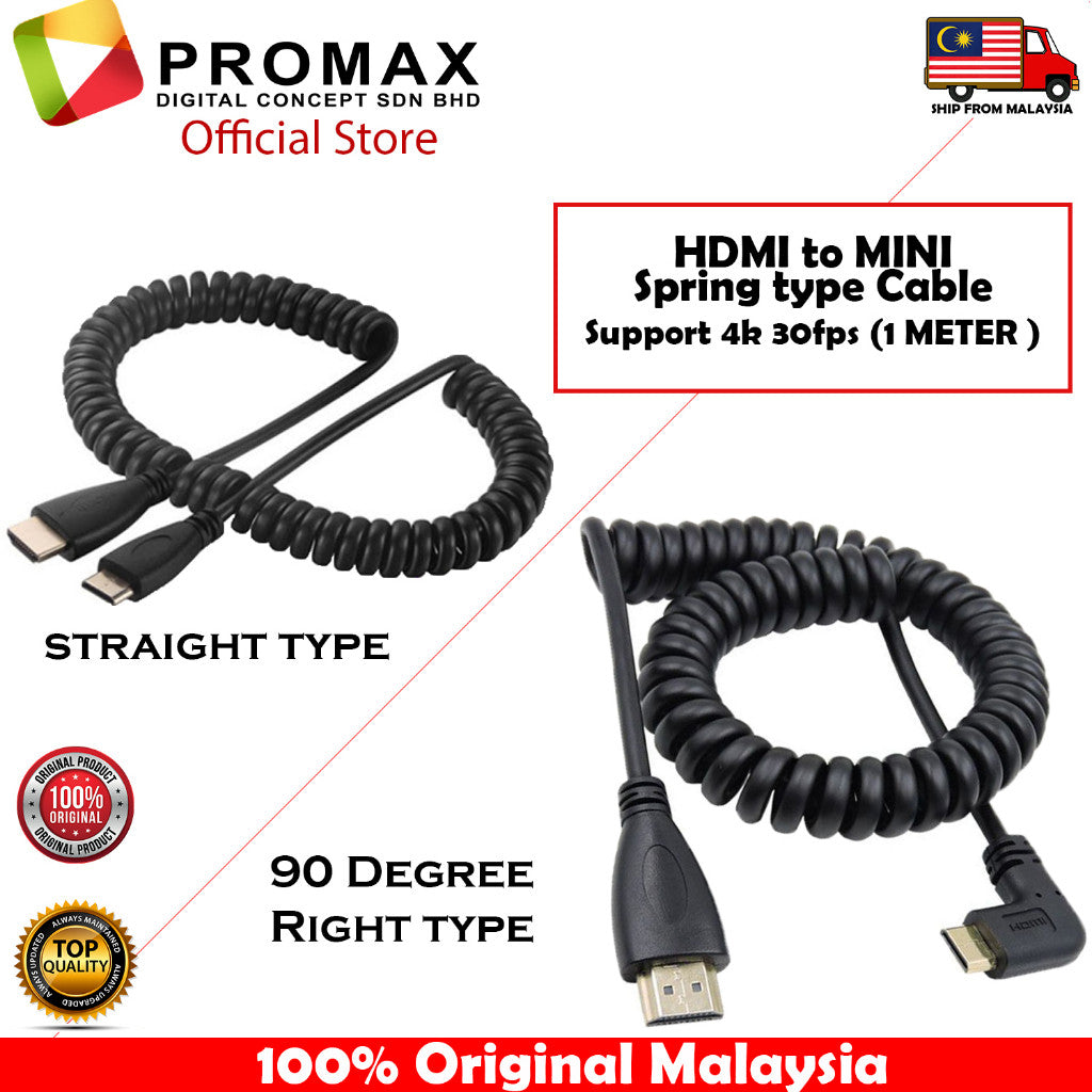 HDMI to HDMI / Mini HDMI /Micro HDMI to HDMI 90 Degree Angled Adapter Spring Cable 4k 30fps / 4K 60fps (1 METER )