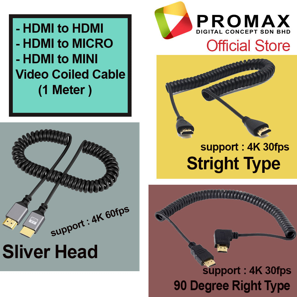 HDMI to HDMI / Mini HDMI /Micro HDMI to HDMI 90 Degree Angled Adapter Spring Cable 4k 30fps / 4K 60fps (1 METER )