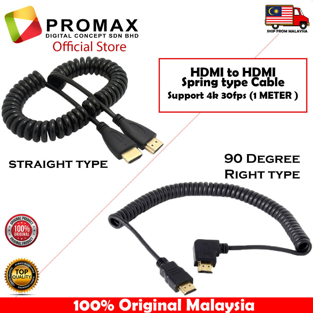 HDMI to HDMI / Mini HDMI /Micro HDMI to HDMI 90 Degree Angled Adapter Spring Cable 4k 30fps / 4K 60fps (1 METER )