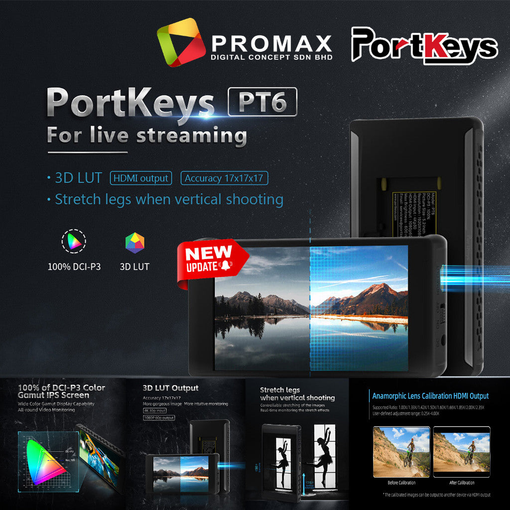 Portkeys PT6 Monitor 5.2" inch 3D LUT IPS 4K 30P Input 1080P 60P Output Monitors For Live Streaming Field