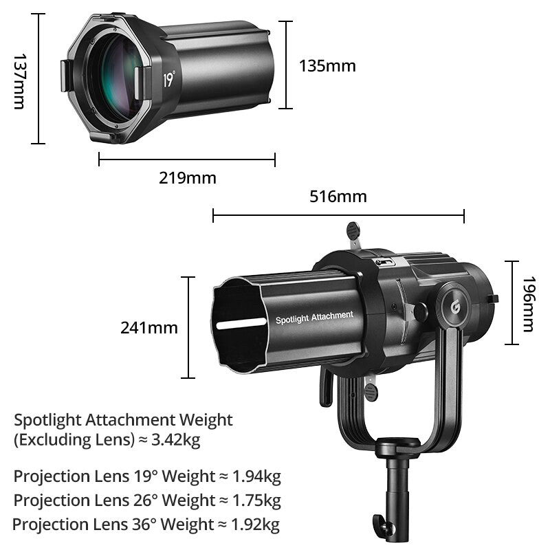 Godox VSA-19K VSA-26K VSA-36K Spotlight Attachment Optical Condenser Lens Conical Snoot Bowens Mount for LED Video Light
