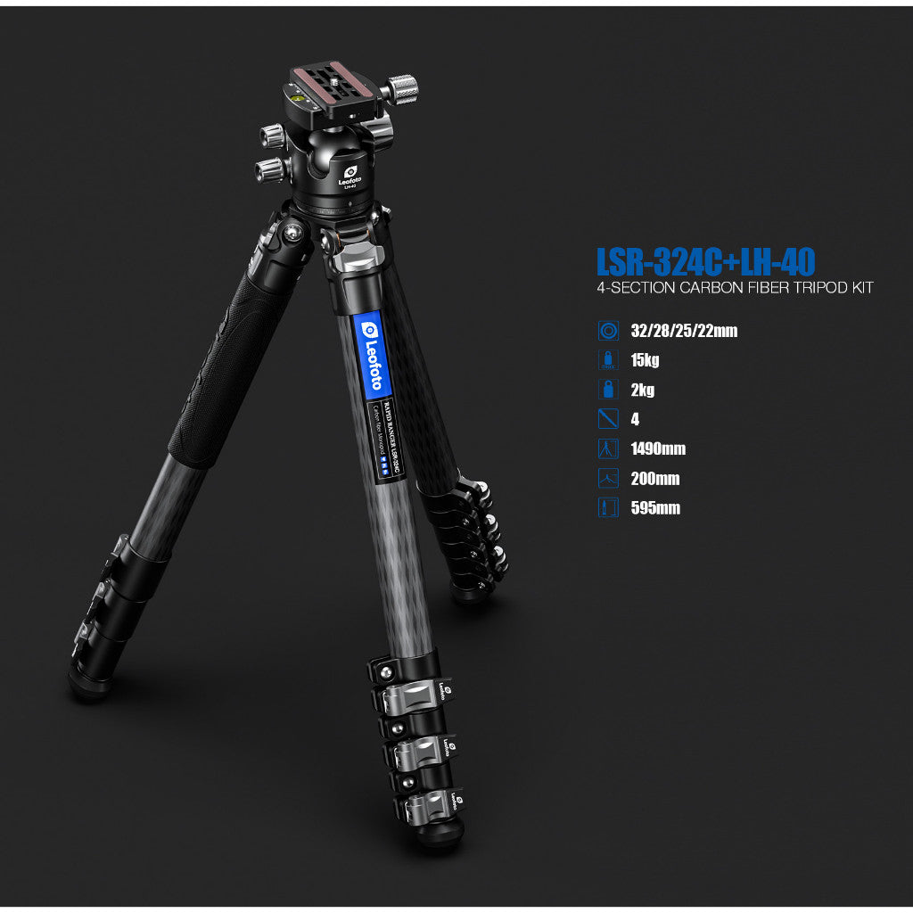 Leofoto LSR-324C + LH-40 Professional Light Weight Rapid Ranger Series Carbon Fiber Tripod