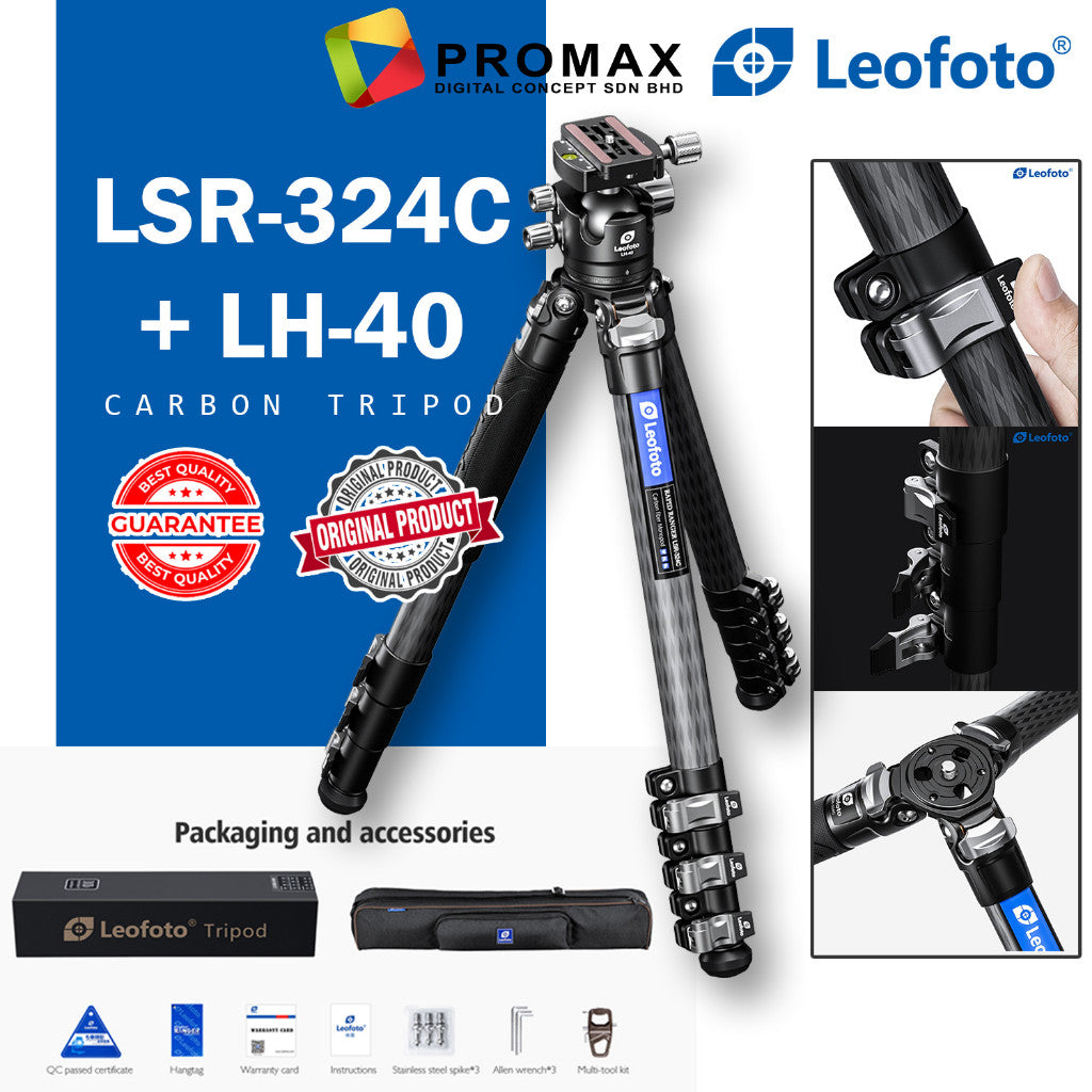 Leofoto LSR-324C + LH-40 Professional Light Weight Rapid Ranger Series Carbon Fiber Tripod