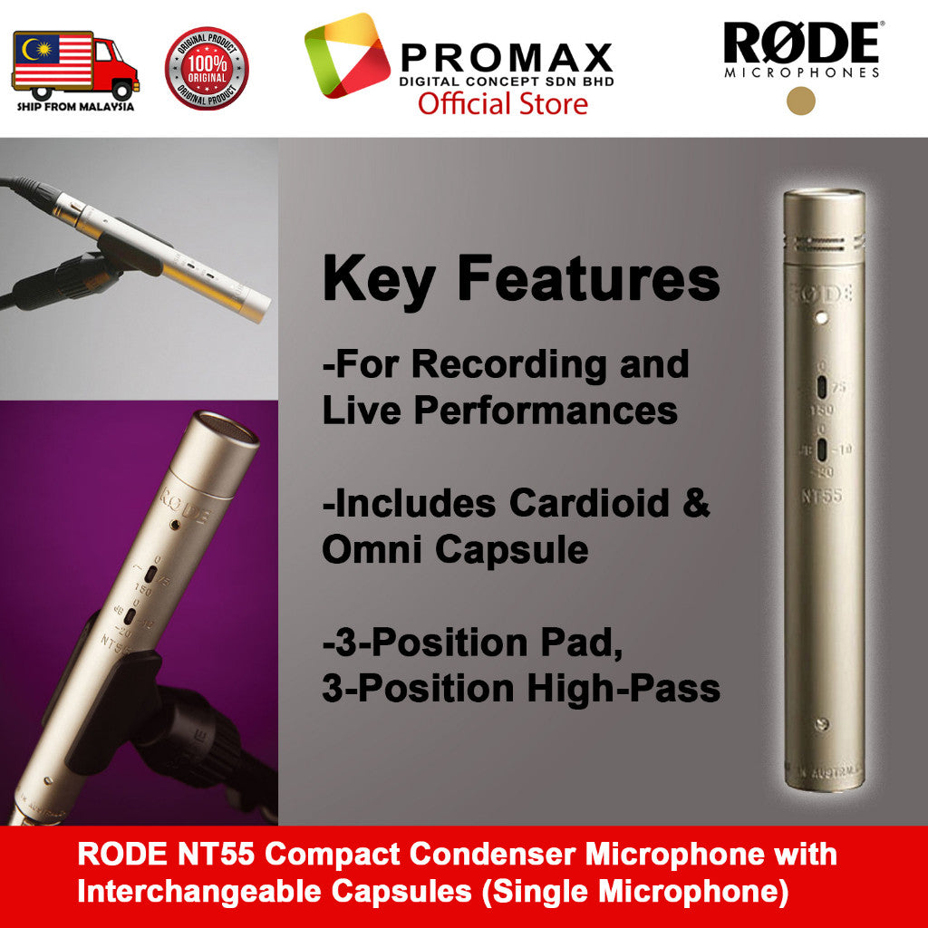 RODE NT55 Compact Condenser Microphone with Interchangeable Capsules (Single Microphone)
