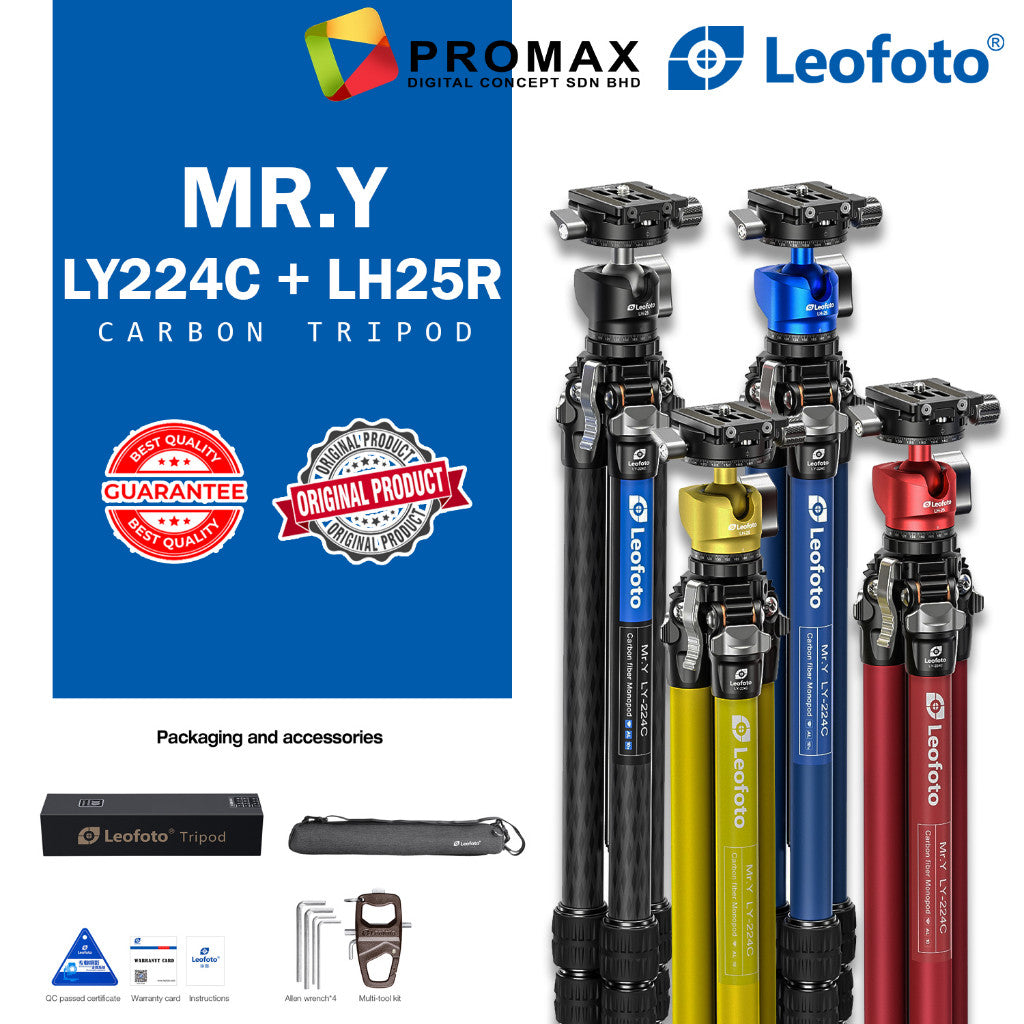 Leofoto MR.Y LY-224C + LH25R "Y" Shaped Center Column 4-section Carbon Fiber Tripod with Ballhead Kit