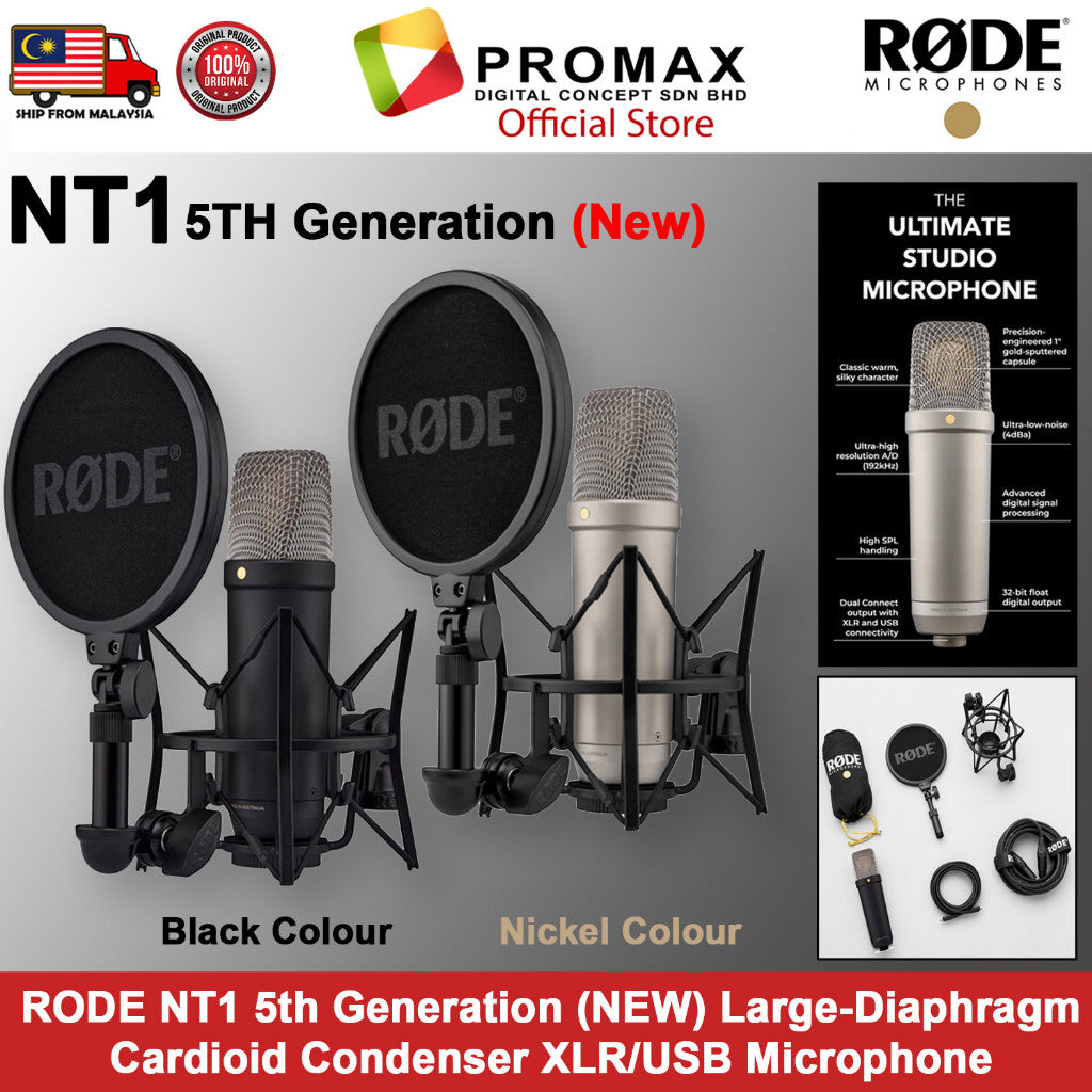 RODE NT1 5th Generation Large-Diaphragm Cardioid Condenser XLR/USB Microphone(Black/Nickel)