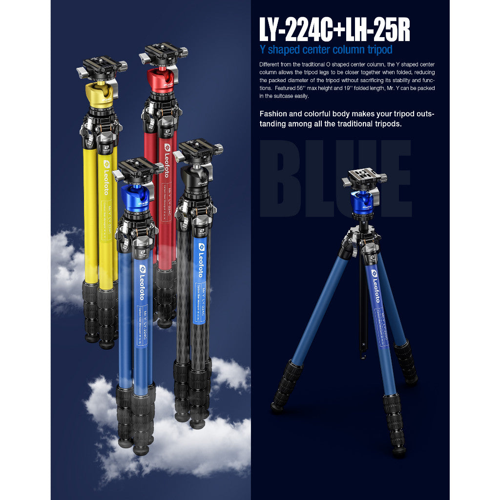 Leofoto MR.Y LY-224C + LH25R "Y" Shaped Center Column 4-section Carbon Fiber Tripod with Ballhead Kit