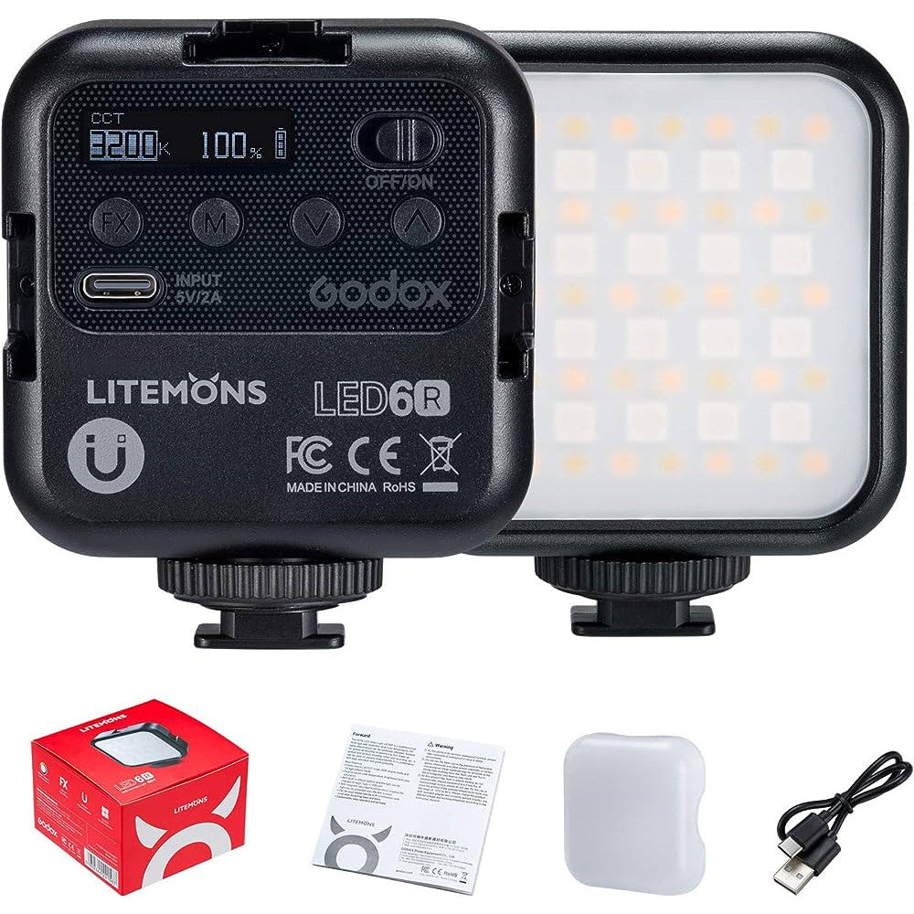 Godox LITEMONS LED 6R RGB Video Light Dimmable Color 3200K-6500K 13 FX Effects Built-in 1800mAh Li-ion Battery LED6R