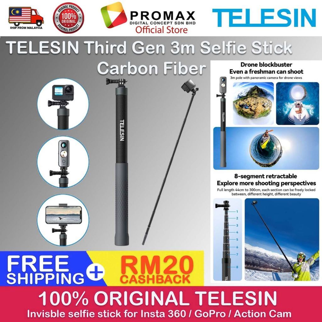 TELESIN GP-MNP-300-3 Third Gen 3m Carbon Fiber Selfie Stick invisible POLE