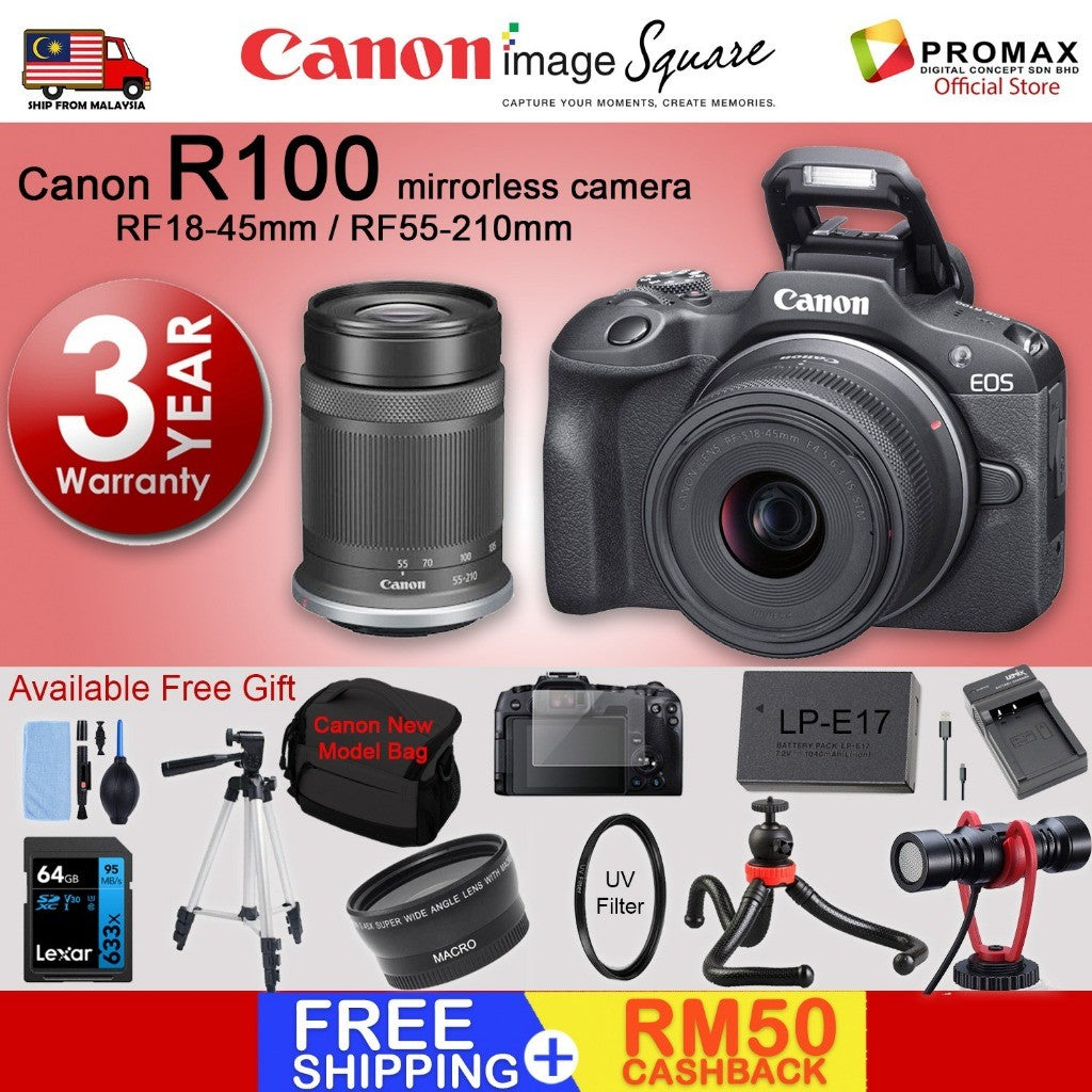 CHEAPEST! Canon EOS R100 18-45mm Mirrorless Digital Camera / 55-210mm - MALAYSIA 3 YEARS WARRANTY
