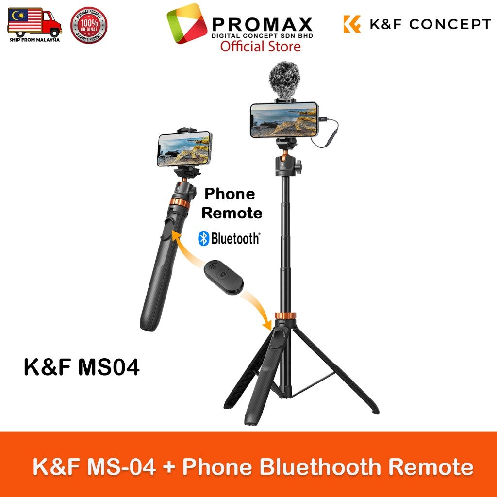 K&F Concept MS04 / MS08 62''/1.58m Tripod Phone Selfie Stick With Bluetooth Remote Control +Gopro Adapter Upgraded MT-44