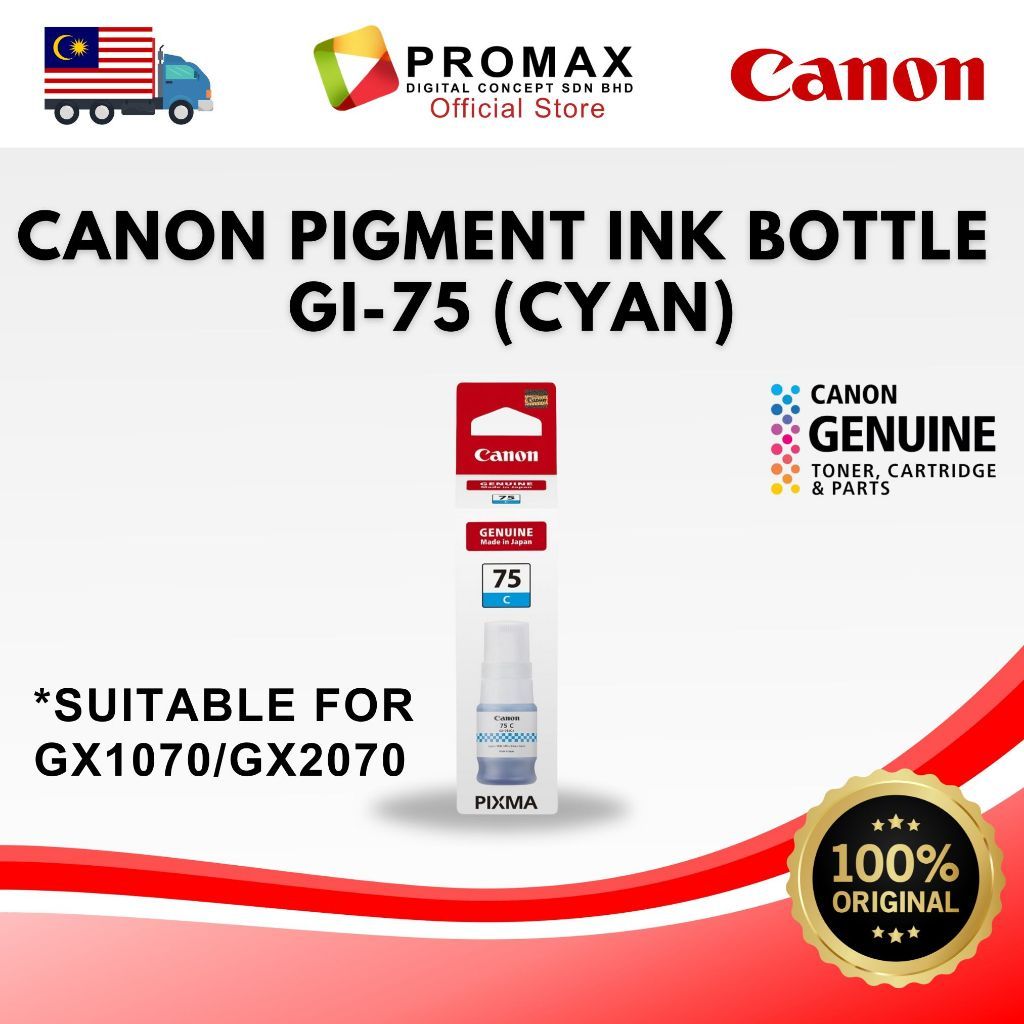 CANON GI-75 PIGMENT INK BOTTLE (BK/C/M/Y) FOR GX1070 GX2070 GI-75BK GI-75C GI-75M GI-75Y