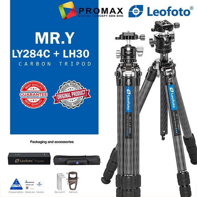 LEOFOTO MR Y TRIPOD LY-284C + LH-30 Y Shaped Center Column 4-section Carbon Fiber with Ballhead Kit