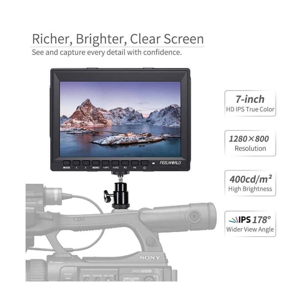 FEELWORLD FW759 7 INCH SLIM DSLR CAMERA FIELD MONITOR HD VIDEO ASSIST IPS 1280X800 4K HDMI AV FW 759