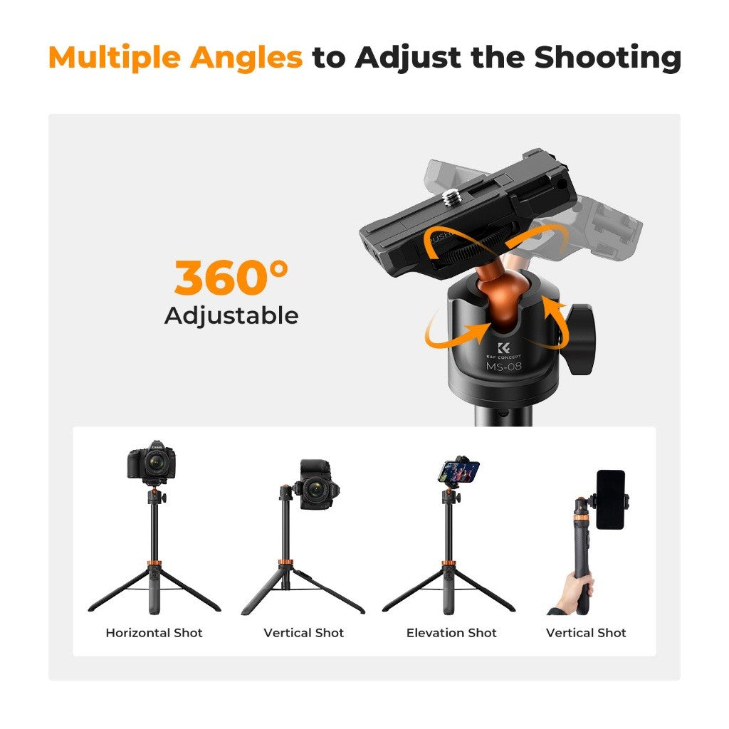 K&F Concept MS04 / MS08 62''/1.58m Tripod Phone Selfie Stick With Bluetooth Remote Control +Gopro Adapter Upgraded MT-44