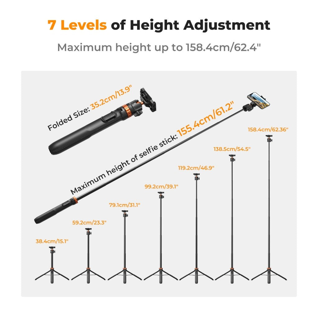 K&F Concept MS04 / MS08 62''/1.58m Tripod Phone Selfie Stick With Bluetooth Remote Control +Gopro Adapter Upgraded MT-44